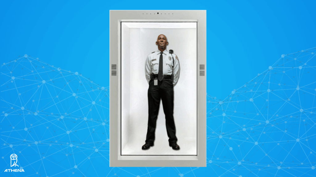 Athena Security telepresence screen showing a virtual security officer standing inside the holographic display unit.