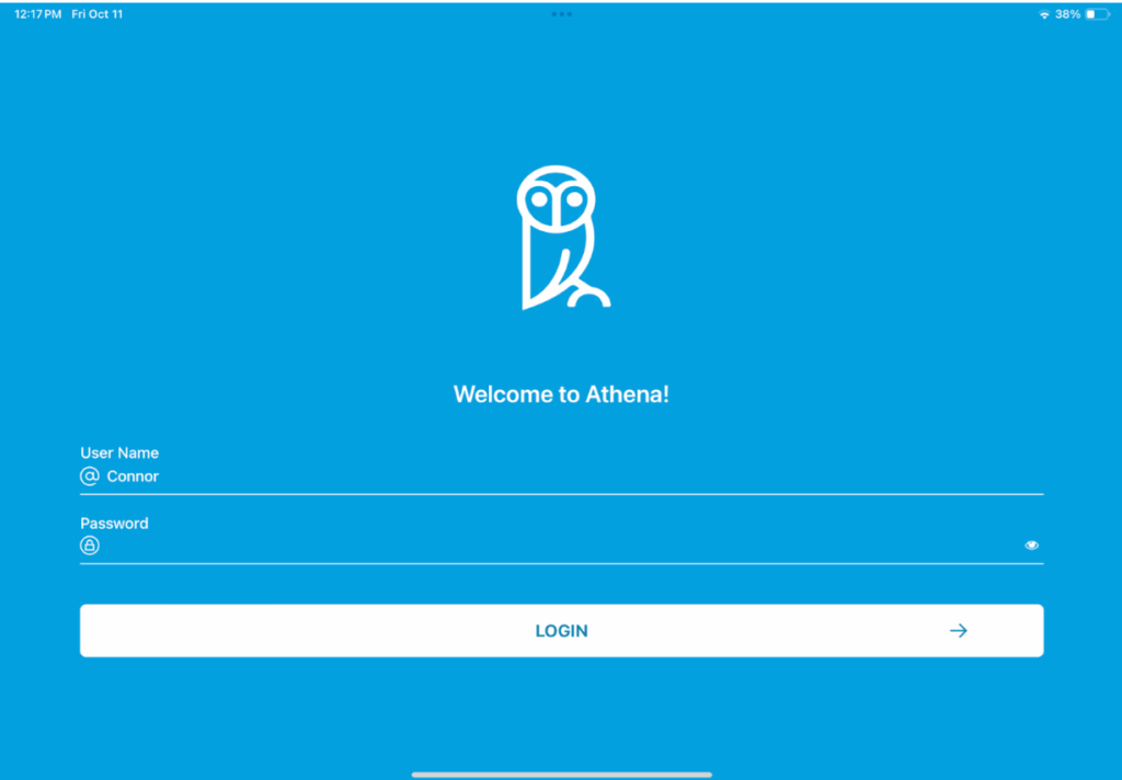 Athena Security visitor management system login interface displaying username and password fields with a welcome message.