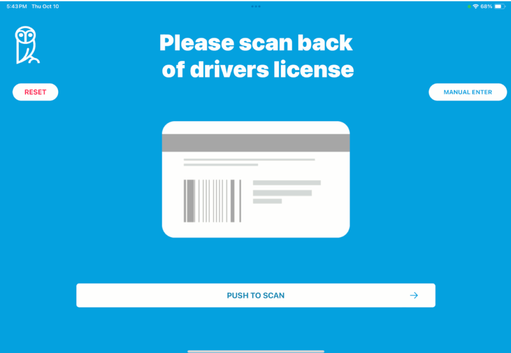 Athena Security visitor management system screen prompting users to scan the back of a driver’s license for ID verification.