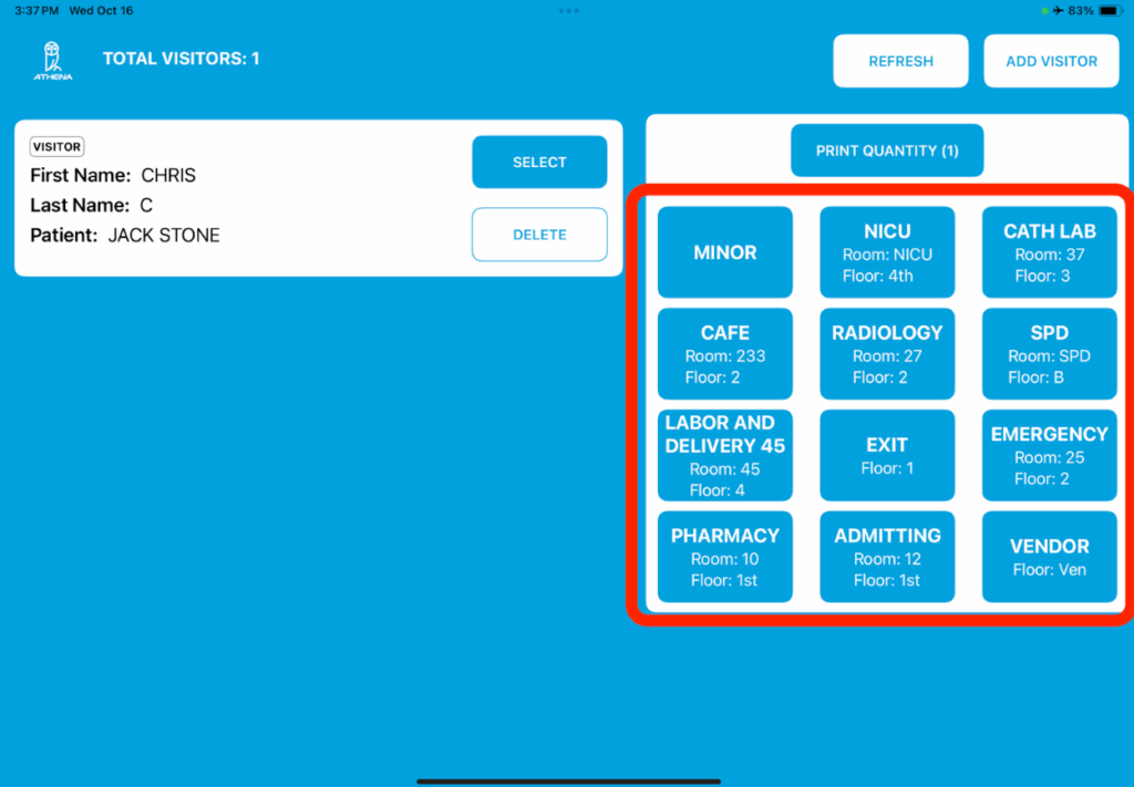 Athena Security visitor management system showing hospital area selection screen with options like NICU, Radiology, and Emergency.