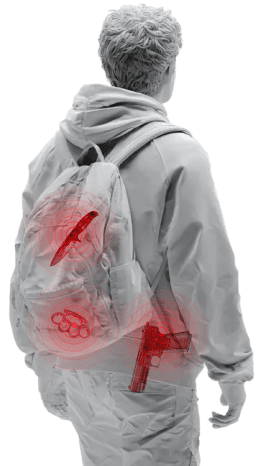 A man with a backpack and a gun, showcasing an advanced AI weapons detection system for enhanced security measures.