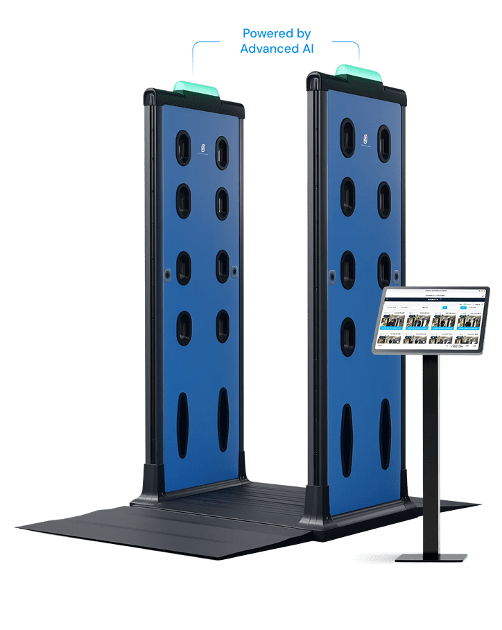 Two blue metal gates with green lights, part of an advanced AI weapons detection system.