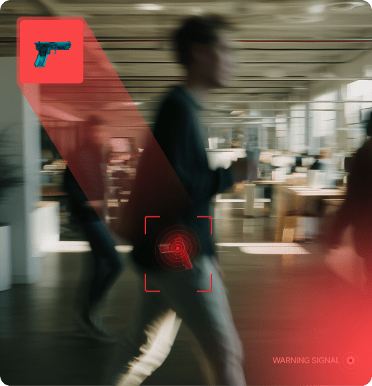 People walking through an office building, highlighting AI-powered weapons detection trusted by Duke Health and others.