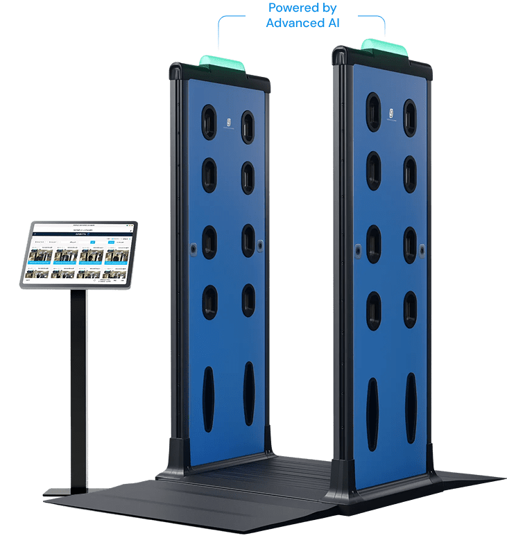 Blue metal detector with two doors and a screen, featuring advanced AI weapons detection and compatibility with various systems.
