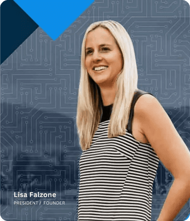 A woman in a striped shirt and black skirt stands confidently against a blue background, showcasing her professional demeanor.