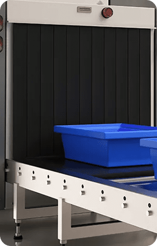 A machine featuring blue containers, designed for hardware-agnostic weapons detection with AI-powered software integration.