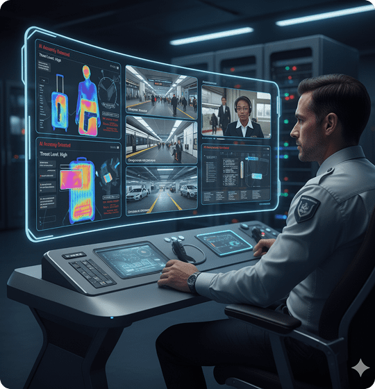 A man at a desk with multiple screens, showcasing AI-powered weapons detection technology for security assessments.