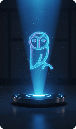 An owl perched on a pedestal, illuminated by a spotlight, showcasing its features and surroundings.