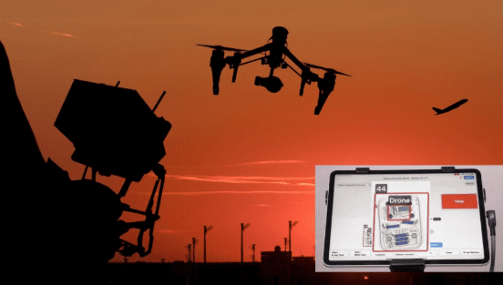 A drone hovers over a building, with a tablet displaying security features in the foreground, highlighting AI-powered detection.