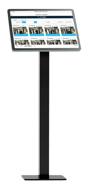 Digital display stand featuring a screen for a hardware-agnostic weapons detection platform with AI-powered software.