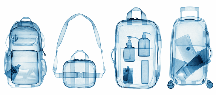 A set of four clear plastic bags containing various items, showcasing a hardware-agnostic weapons detection platform.