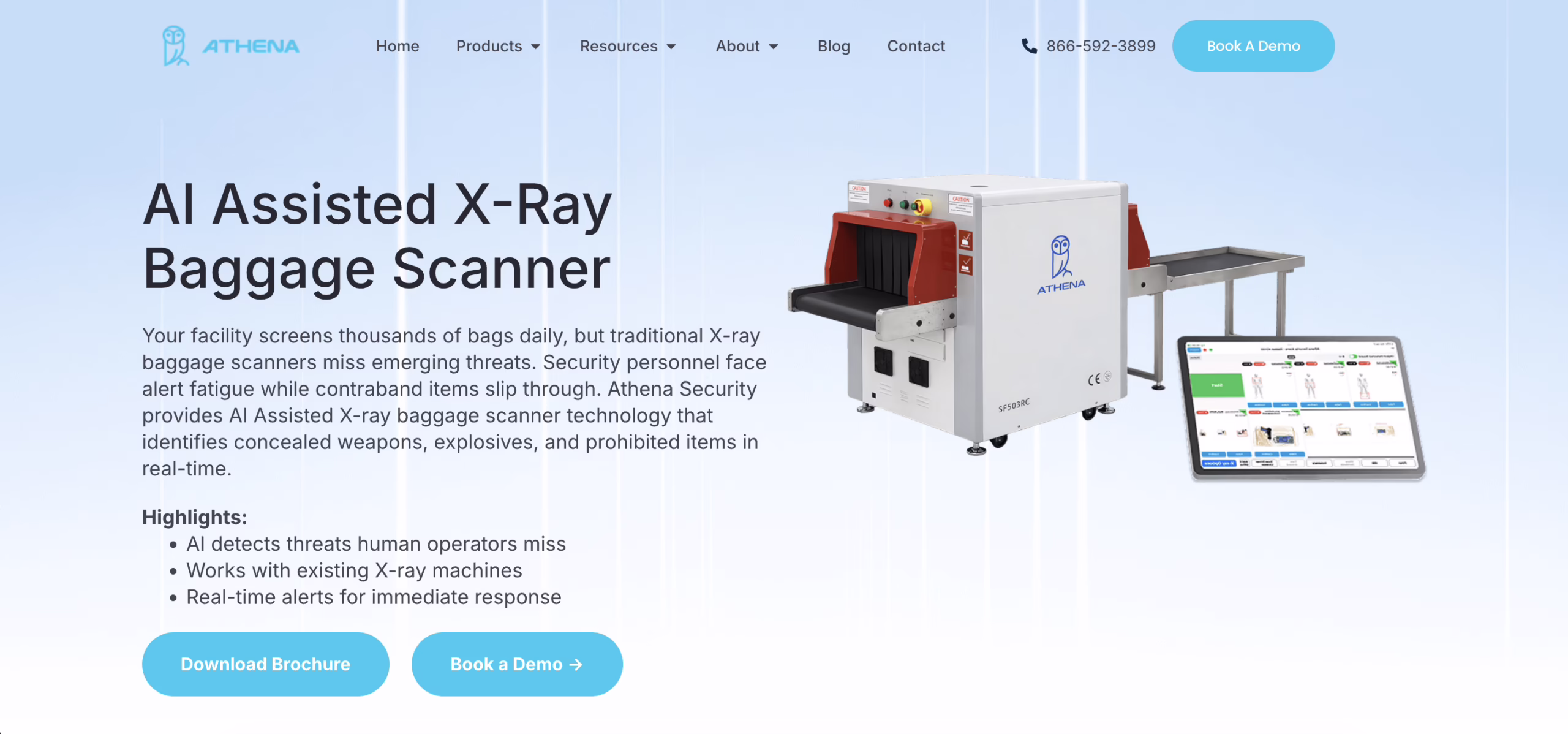 Athena AI Assisted X-Ray Baggage Scanner landing page showing white and red scanner machine with conveyor, tablet interface, and blue gradient background with product details