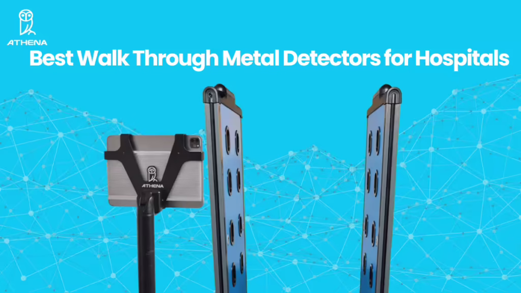 Athena Secuity's weapons detection system showing blue walk-through metal detector gates and handheld scanner on teal background with network pattern.