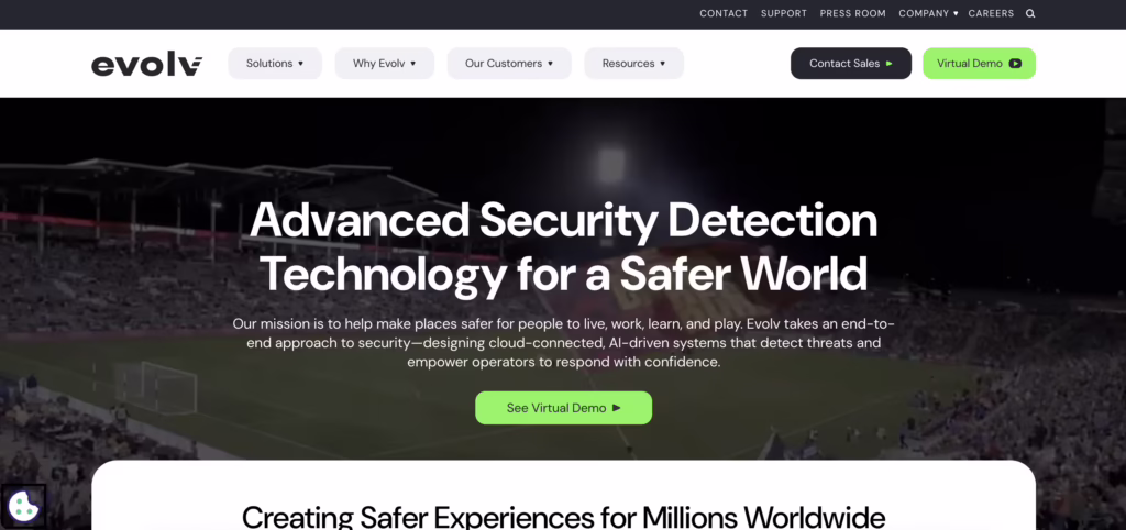 Evolv Technology homepage showing AI-powered security detection system in stadium setting with crowd, highlighting advanced hospital security companies solutions