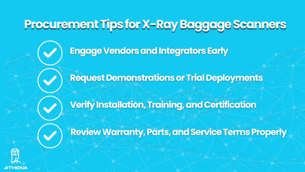 A graphic showing procurement tips for best x-ray baggage scanners for hospitals with checklist icons and white text on blue background