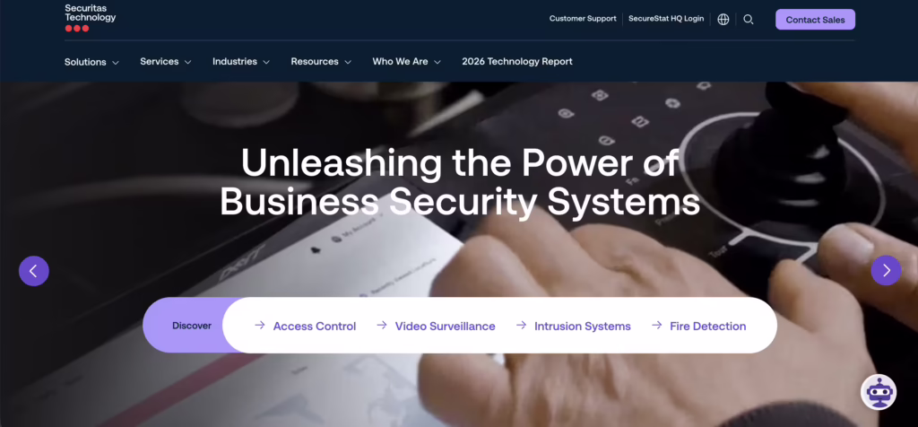 Securitas Technology homepage showing security entrance gates with access control, surveillance, and intrusion systems interface in modern facility