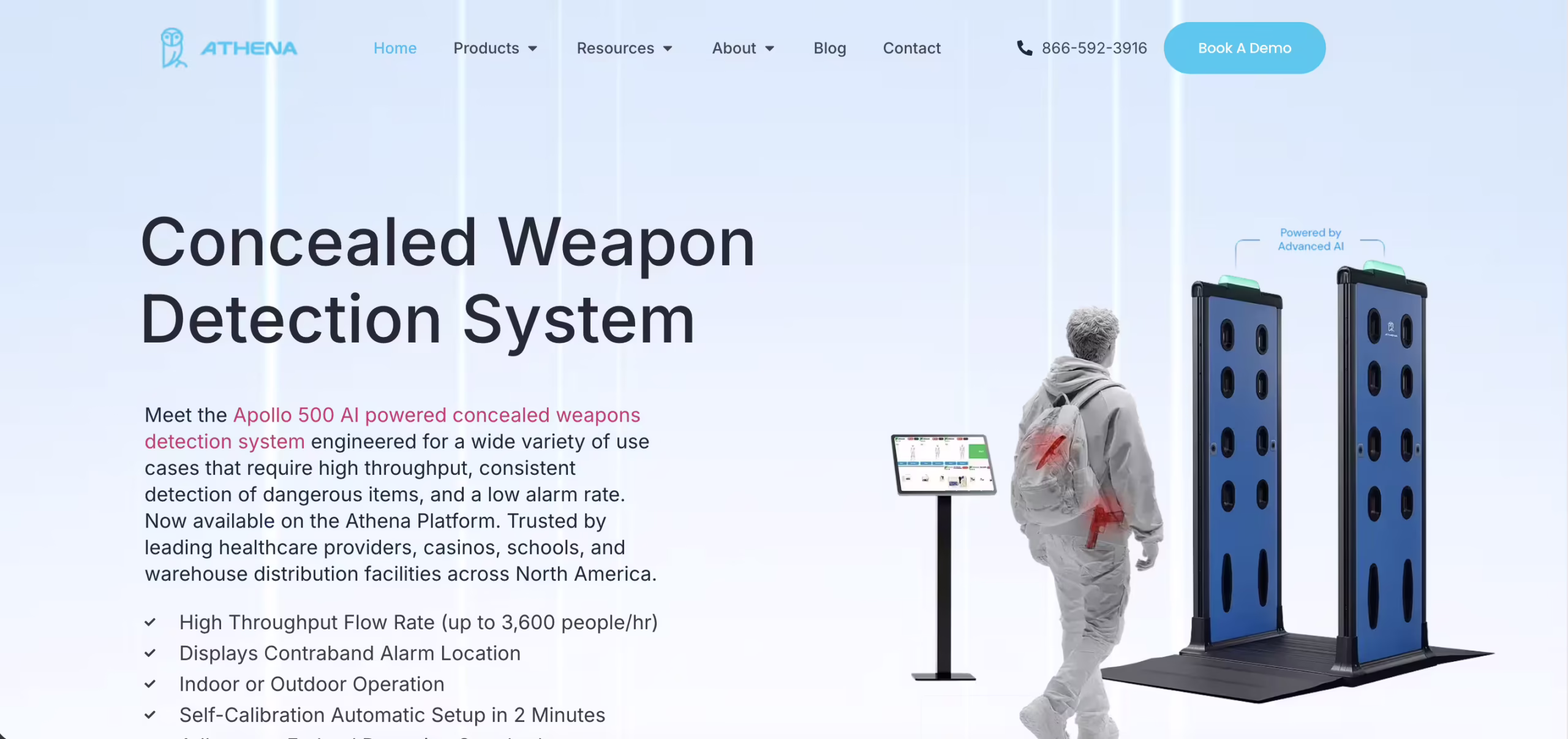 Athena Security homepage showing concealed weapon detection system with blue walk-through scanners, tablet display, and person with highlighted threat areas on light background