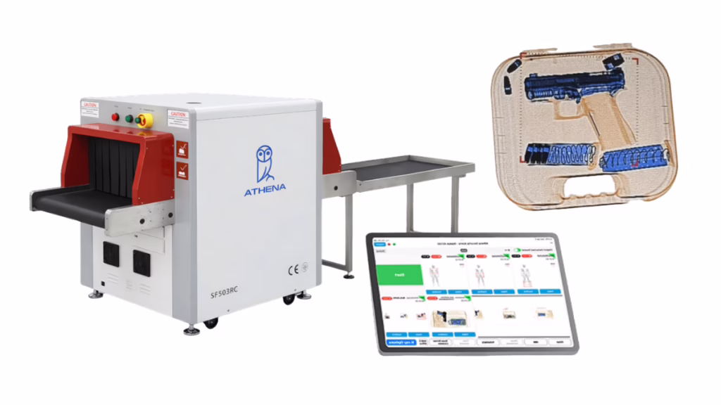 Athena X-ray baggage scanner for best x-ray baggage scanners for hospitals showing gun detection in suitcase and AI screening interface on tablet