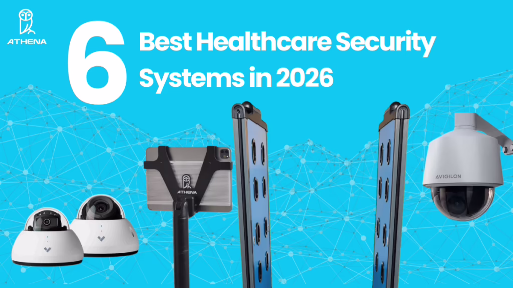 Athena Security banner showing best healthcare security systems with blue screening gates, advanced detection equipment, and modern medical facility background