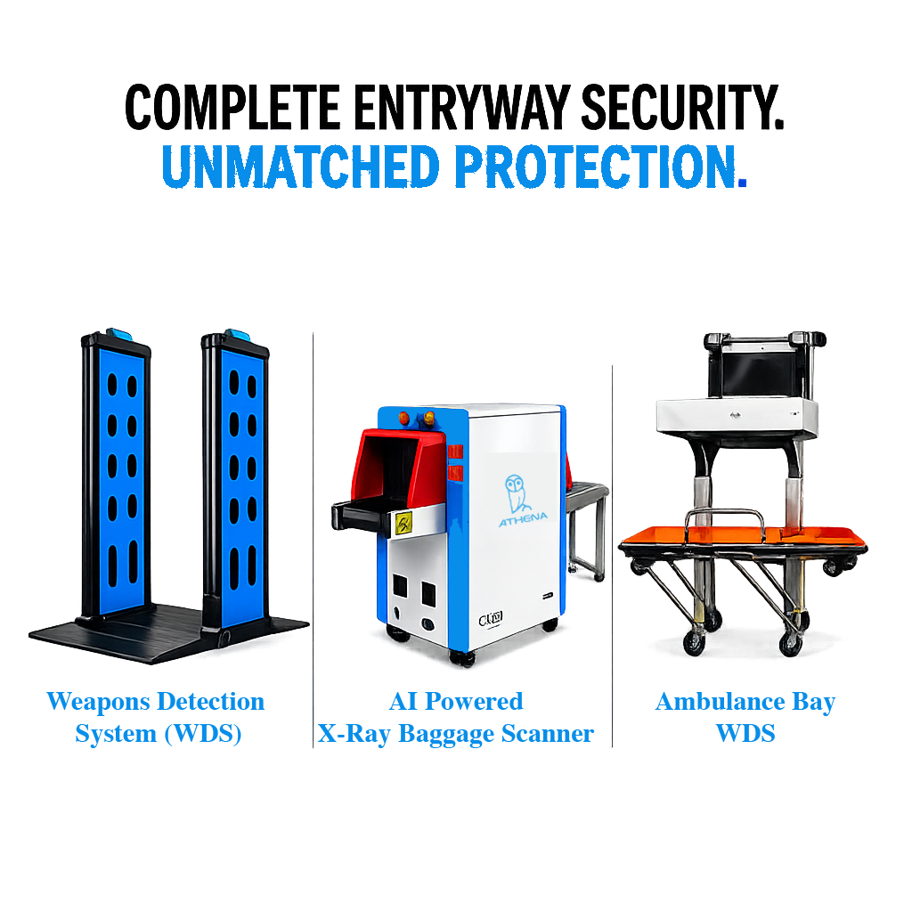 Athena Security Product line for hospitals including: Apollo 500 WDS, AI X-ray Baggage Scanner and the new first of its kind Ambulance Bay Weapons Detection System AB-WDS.