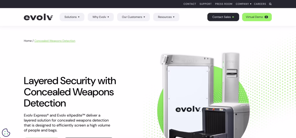 Evolv homepage showing layered security system with concealed weapons detection scanner and modern screening equipment on white and green interface