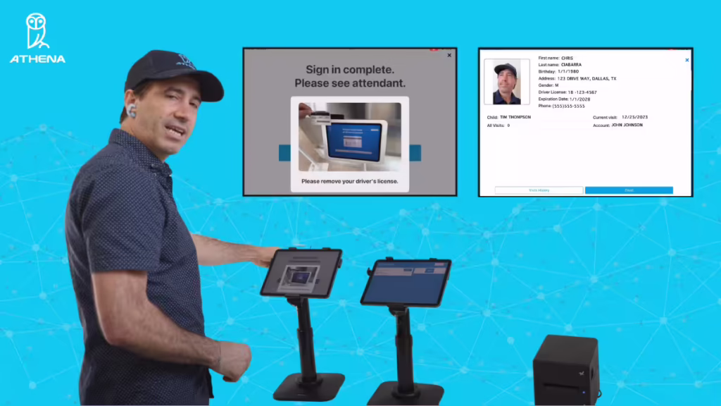 Athena Security CTO Chris Ciabarra demonstrating visitor management system on tablets with ID verification screens on blue background