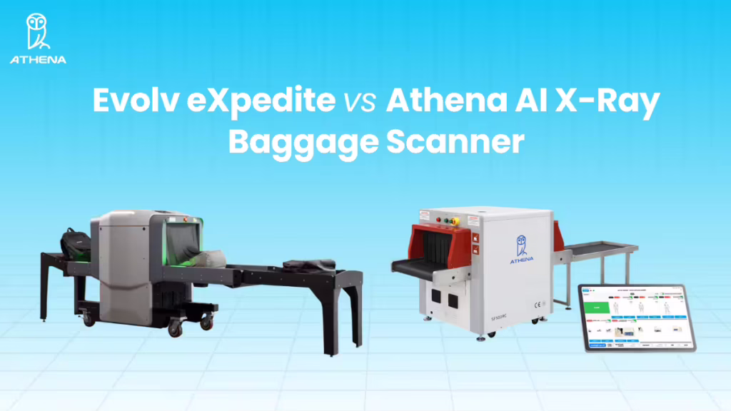 Banner comparing Athena AI X-Ray Baggage Scanner and Evolv eXpedite security screening systems on a blue gradient background with conveyor-based baggage scanners and Athena branding, highlighting the Evolv eXpedite vs Athena AI X-Ray Baggage Scanner comparison