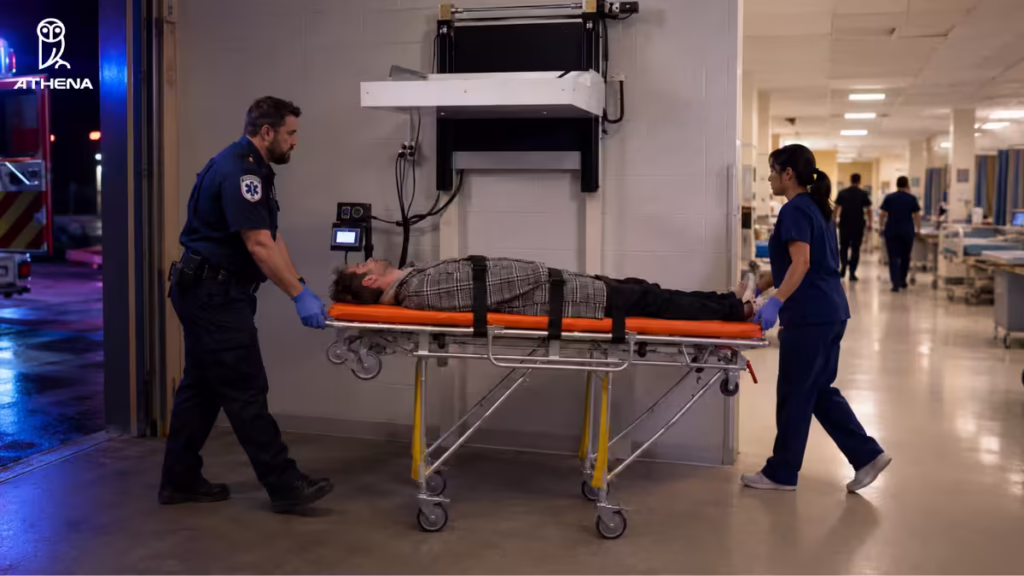 Patient on a gurney entering a hospital emergency department, demonstrating Athena Security's ambulance bay weapon detection system that screens ambulance bays without triggering false alarms from gurneys
