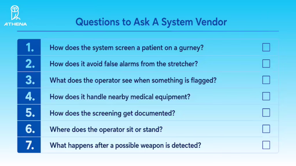 Athena Security checklist of questions to ask a vendor during an ambulance bay screening system demo, covering EMS workflows, gurney screening, ED access, manual inspections, patient risk levels, and documentation capabilities