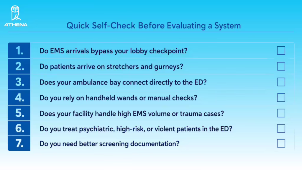 Athena Security checklist for evaluating ambulance bay weapon detection systems, covering EMS arrivals, gurney screening, ED access, manual checks, trauma volume, high-risk patients, and screening documentation requirements