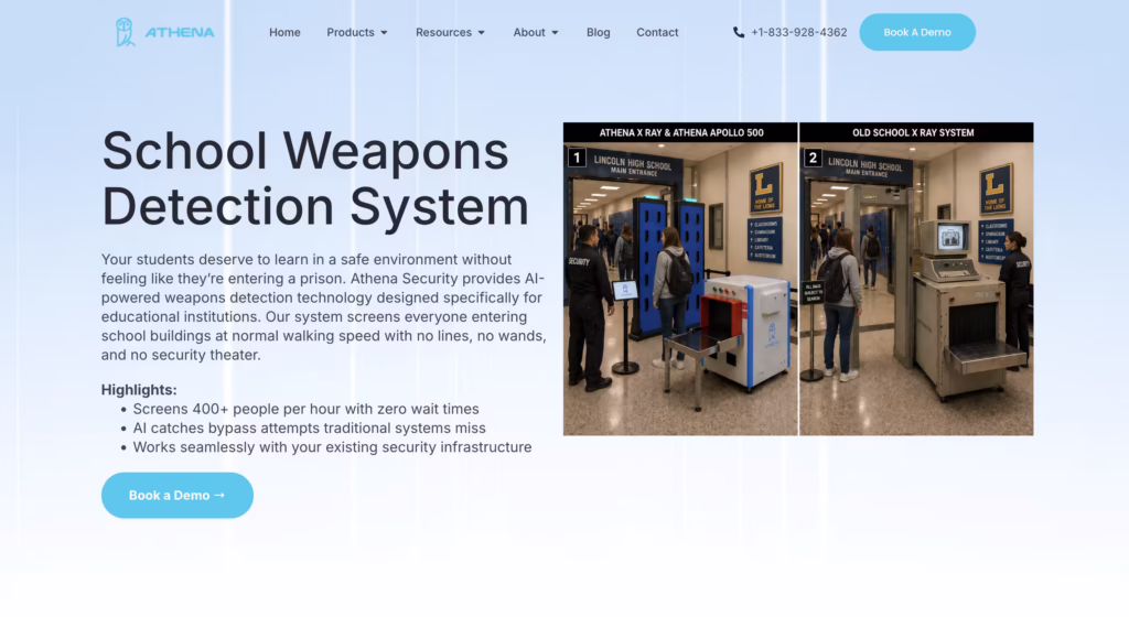 Athena Security school weapons detection system webpage comparing the Athena X-Ray and Apollo 500 setup with an old school X-ray system at a school entrance