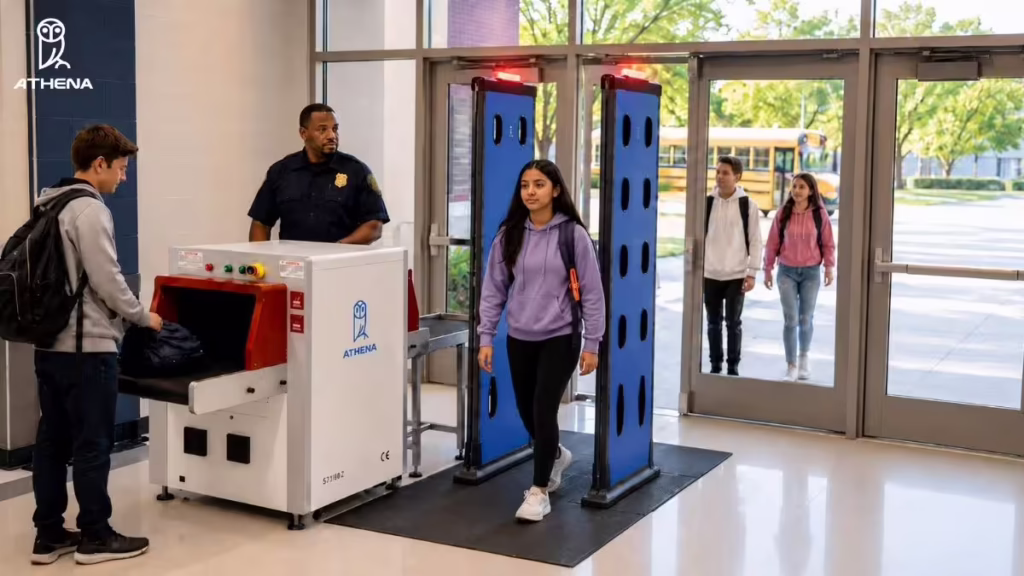 How to prevent knives and small weapons from entering schools with Athena Security’s concealed weapons detection system and AI X-ray baggage scanner at a school entrance