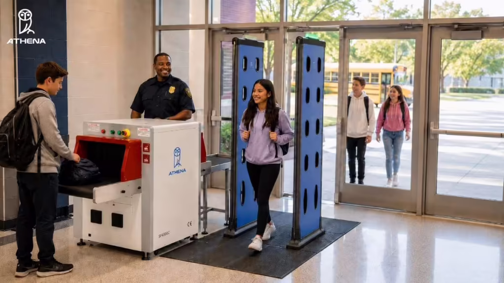 Students pass through Athena Security’s blue concealed weapons detector and AI X-ray baggage scanner at a bright school entrance monitored by a guard