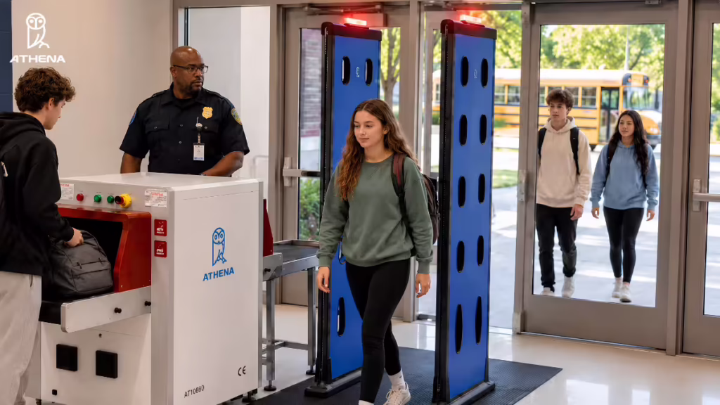 Students enter a school through Athena Apollo 500 while backpacks are screened by an AI X-ray baggage scanner to detect vapes in schools with AI technology