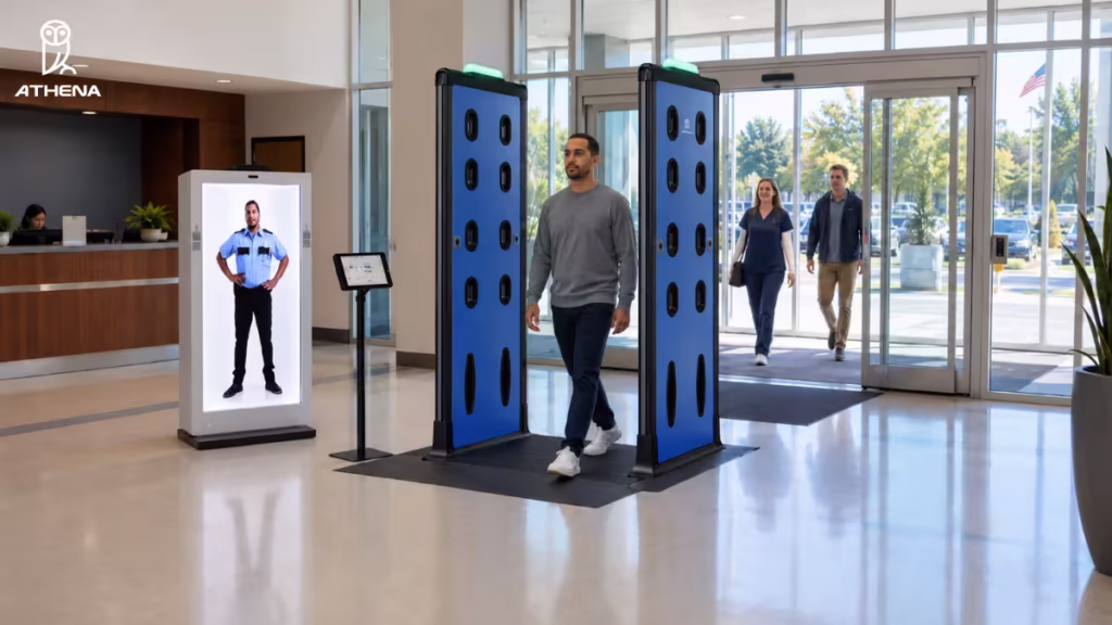 How to improve hospital security without adding more guards using Athena Security's Telepresence Security Officer and AI-powered entrance screening at a hospital lobby