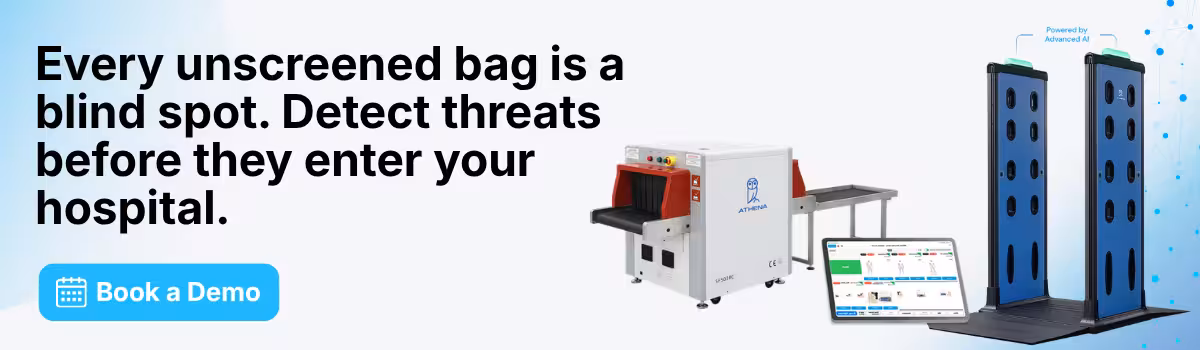CTA banner featuring Athena x-ray baggage scanner, a walkthrough scanner, AI screening tablet, and book a demo button