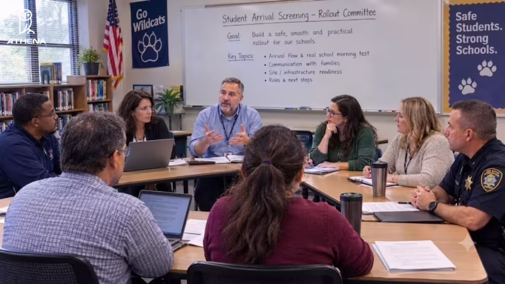 School security team meeting to discuss how to build a weapons screening rollout plan for schools