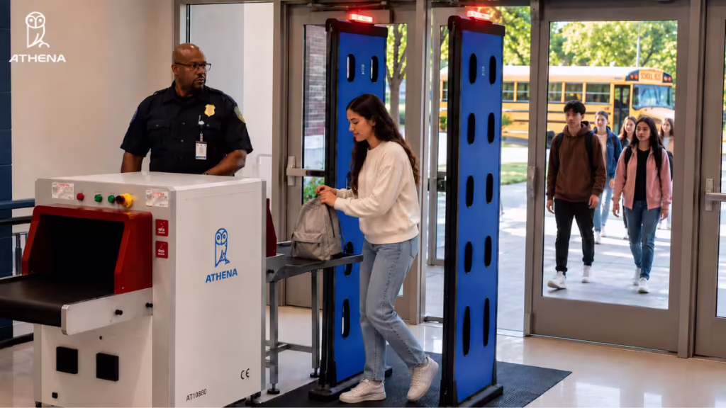 Students pass through an Athena weapon screening system at a school entrance, showing how to screen a large number of students quickly for weapons
