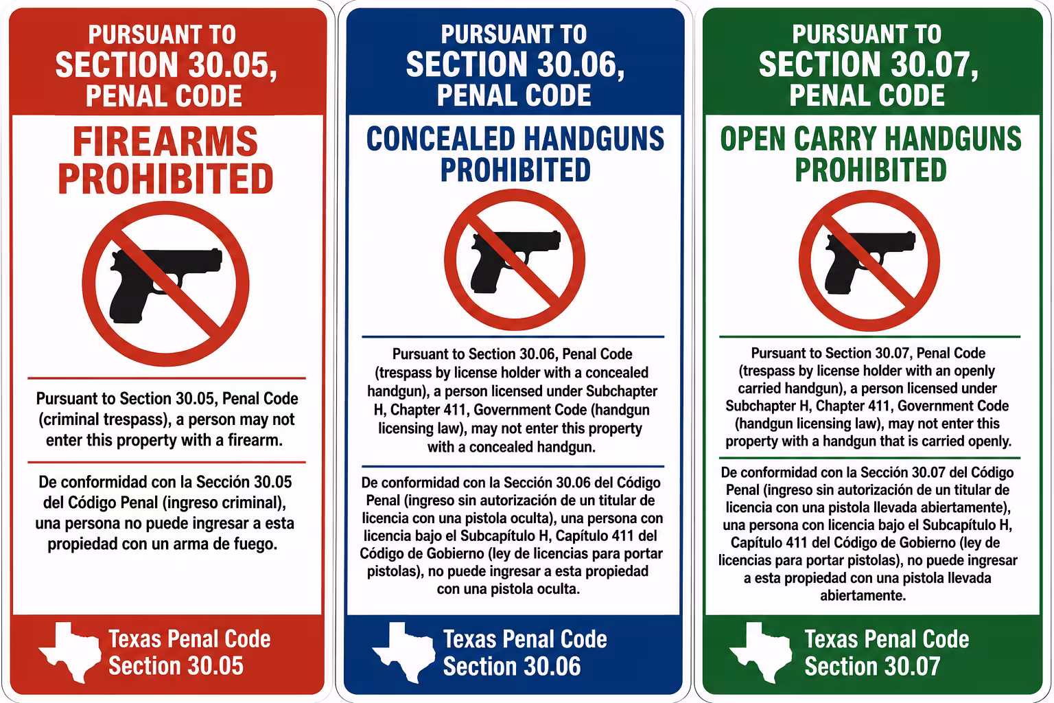 Texas penal code signage showing firearm, concealed handgun, and open carry restrictions for school security compliance