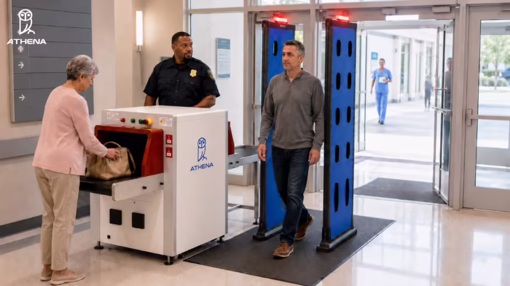 A hospital entrance with Athena Security's X-Ray Baggage Scanner, highlighting why X-Ray baggage scanners are important for hospital security