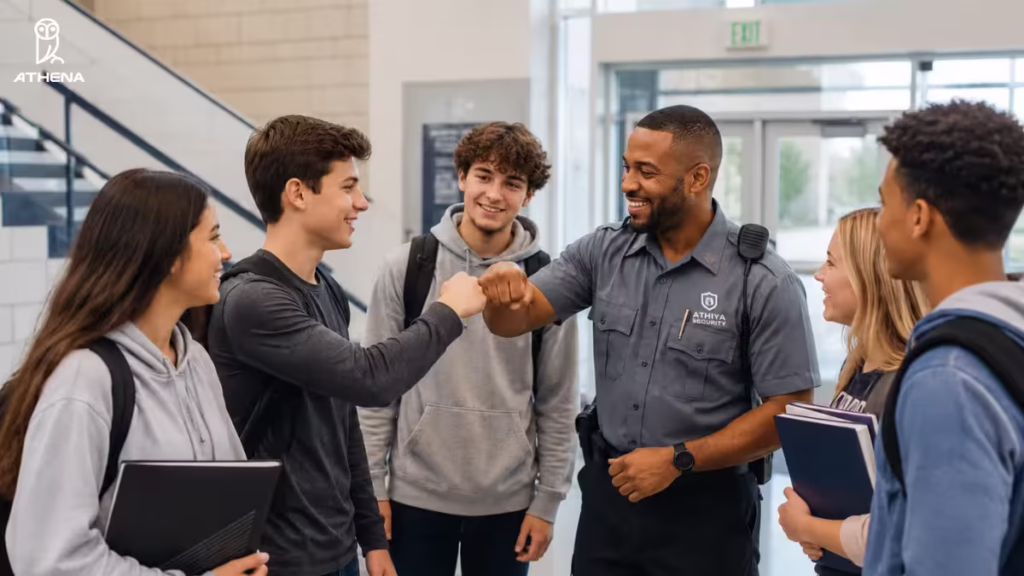 A security guard at school entrance doing a fist bump with a student while more students are gathered nearby them