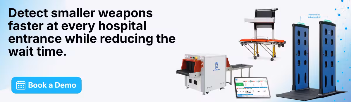 A light-blue colored banner with Athena's WDS, X-ray scanner, and ambulance bay WDS, along with a book a demo button to learn how to detect knives and small blades at hospital entrances