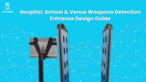 Athena Security's weapons detection system for schools showing blue walk-through metal detector gates and handheld scanner on teal background with network pattern.
