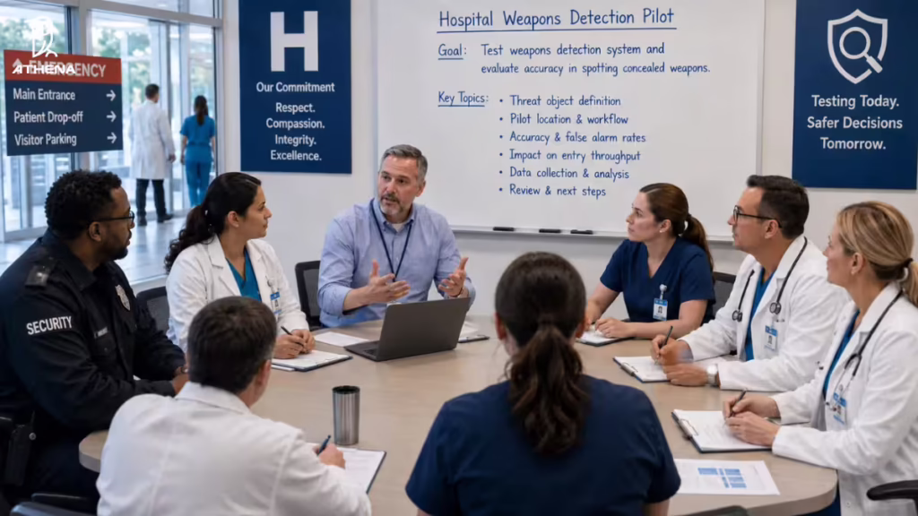 Security team, doctors, nurses, and hospital admins discussing how to run a weapons screening pilot at a hospital