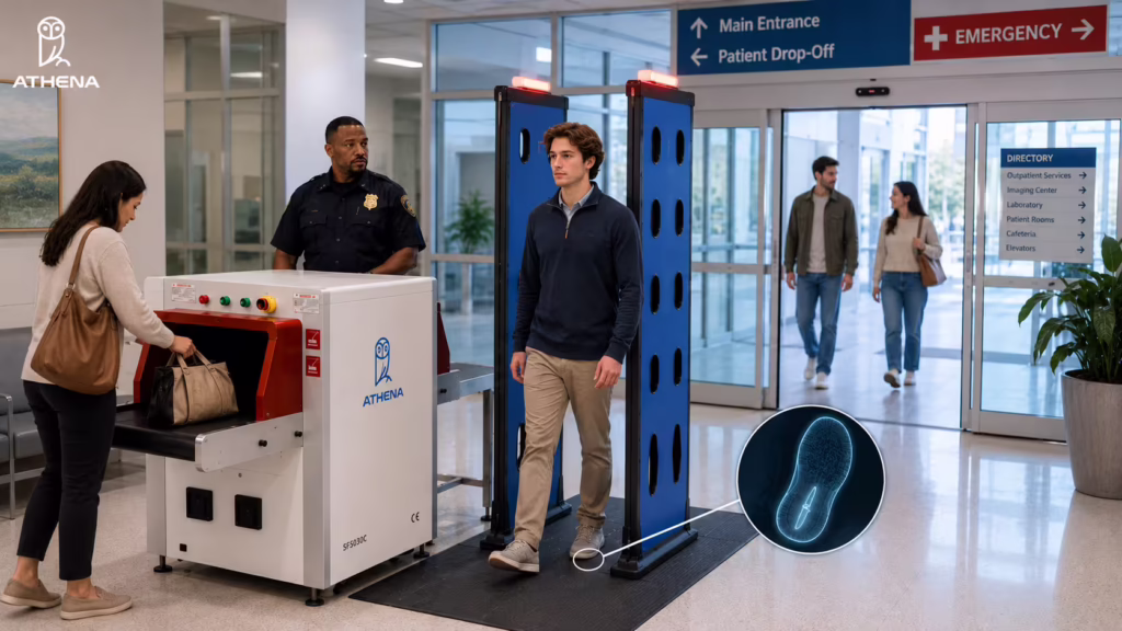 A hospital entrance with Athena's WDS and X-ray baggage scanner installed, showing how to detect knives and small blades at hospital entrances.