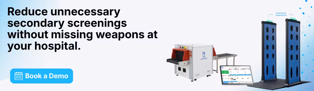 How To Reduce Secondary Screenings at Hospital Entrances CTA banner with Athena's WDS, X-ray scanner, and Book a Demo button