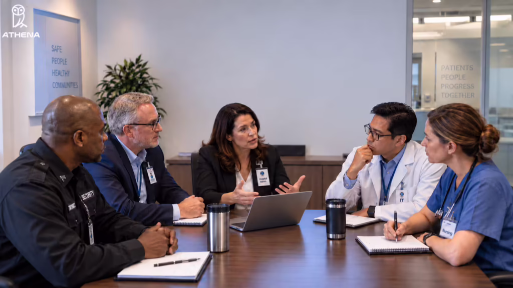 a group of hospital security admins, doctors, nurses, and staff in a conference meeting, discussing accidental disclosure of PHI in hospital security systems