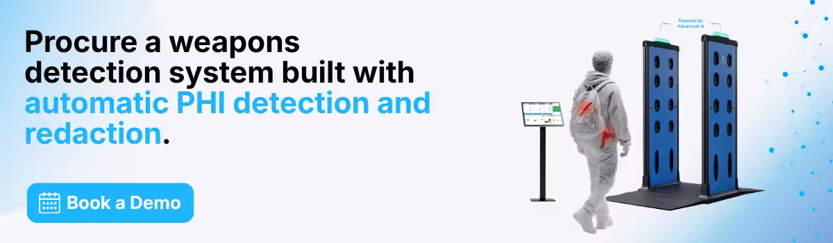 a light-blue colored background with an image of Athena Security's concealed WDS, a book-a-demo button, and text that reads, "Procure a weapons detection system built with automatic PHI detection and redaction."