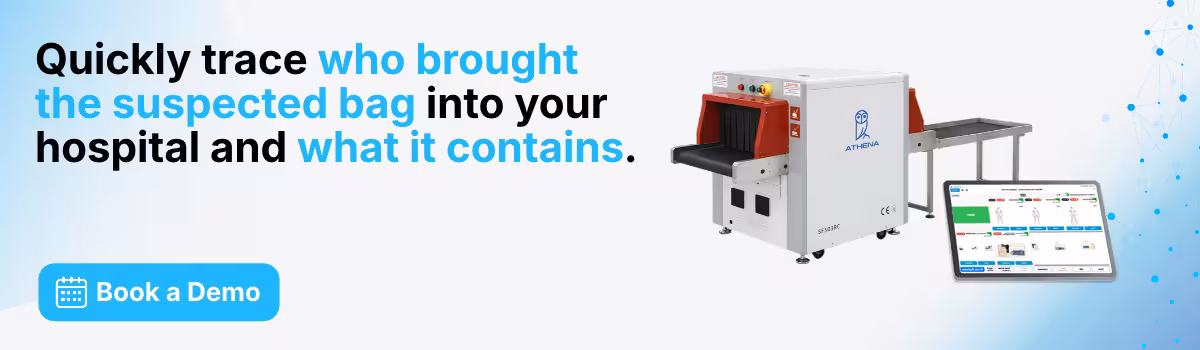 a light-blue background with Athena Security's X-ray baggage scanner, a book-a-demo button, and text that reads, "Quickly trace who brought the suspected bag into your hospital and what it contains."