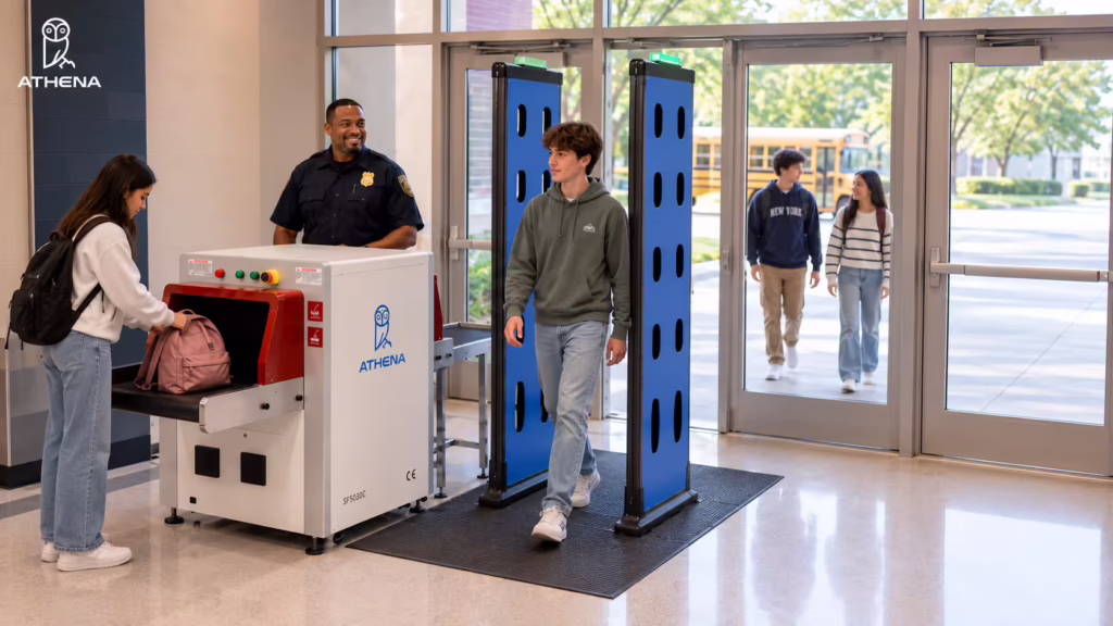 A school entrance where a student walks through Athena's weapons detection system, another student picks up her bag from Athena's AI X-ray baggage scanner, and a security guard stands nearby.
